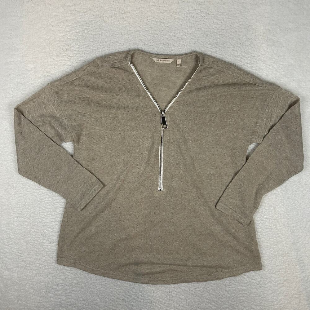 Soft Surroundings Womens L Valentina Slub Sweater 1/2 Zip Beach Lightweight Tan